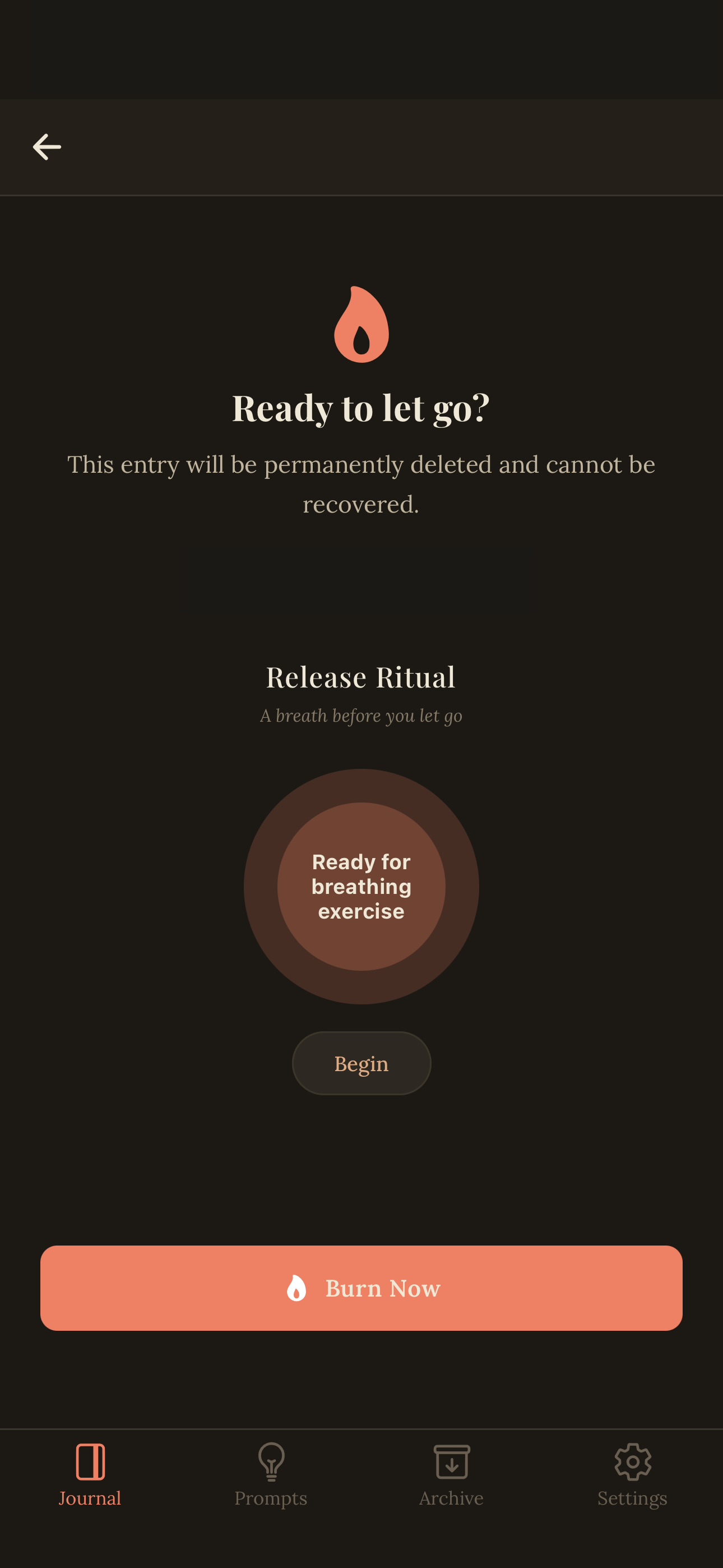 Ember Journal burn ritual breathing exercise screen