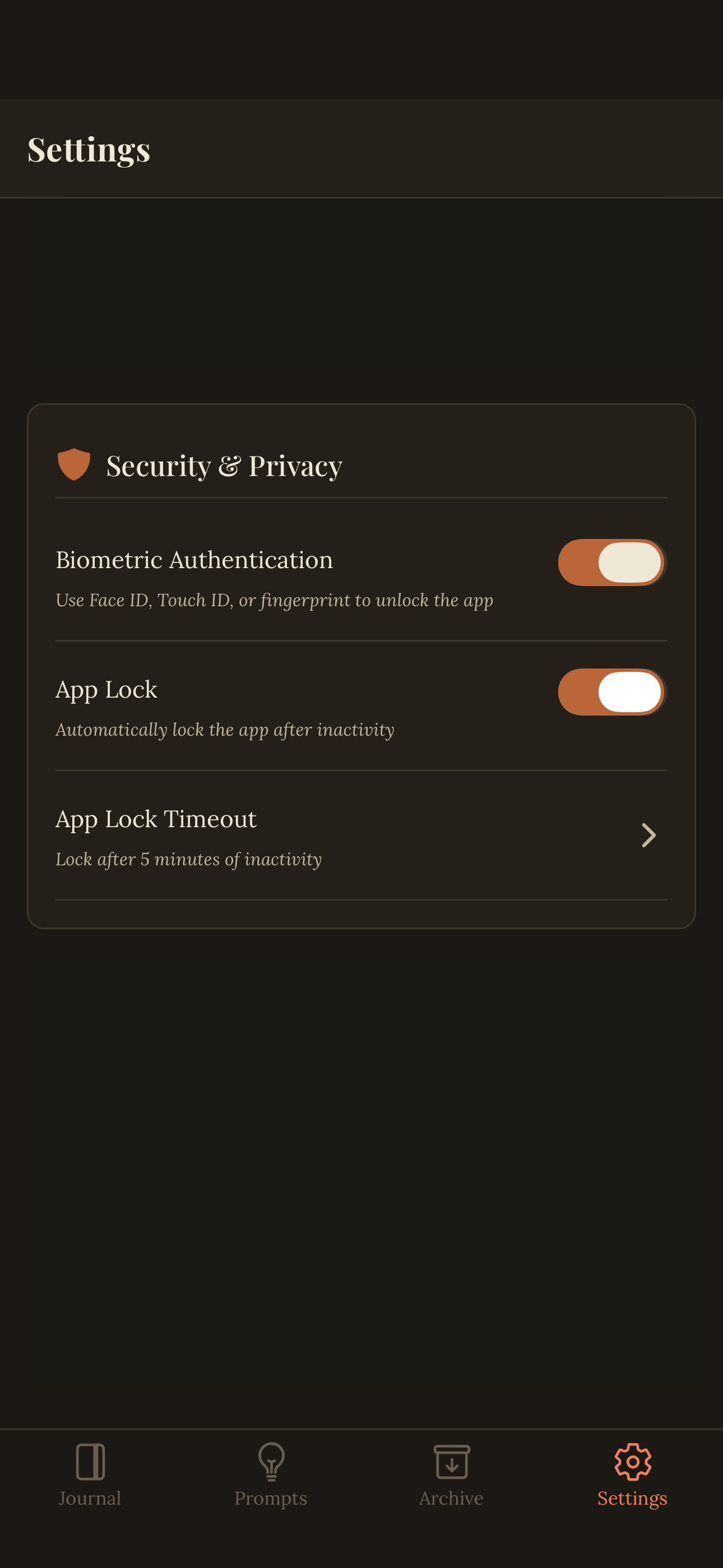 Ember Journal security and privacy settings screen