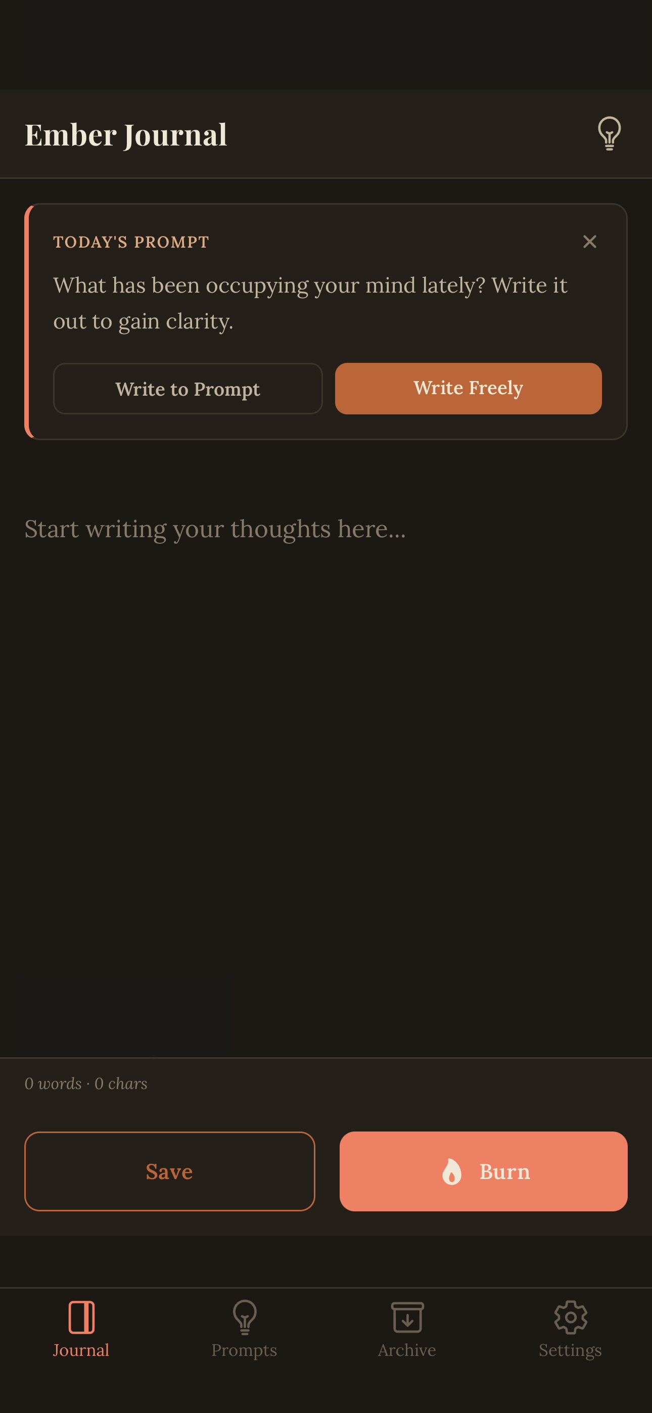 Ember Journal writing screen with today's prompt